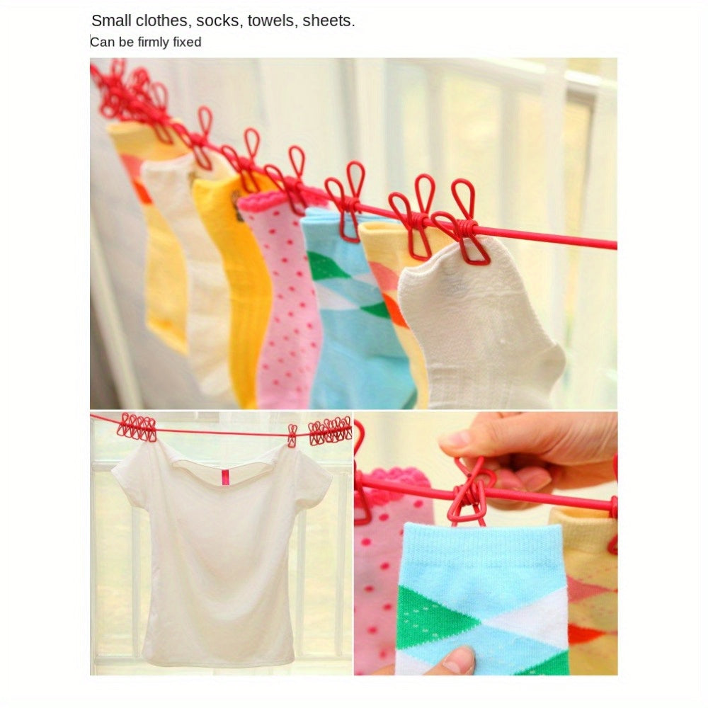 Portable outdoor clothesline, household 12 clothesline clip, beach windproof clothesline, colorful drying elastic rope