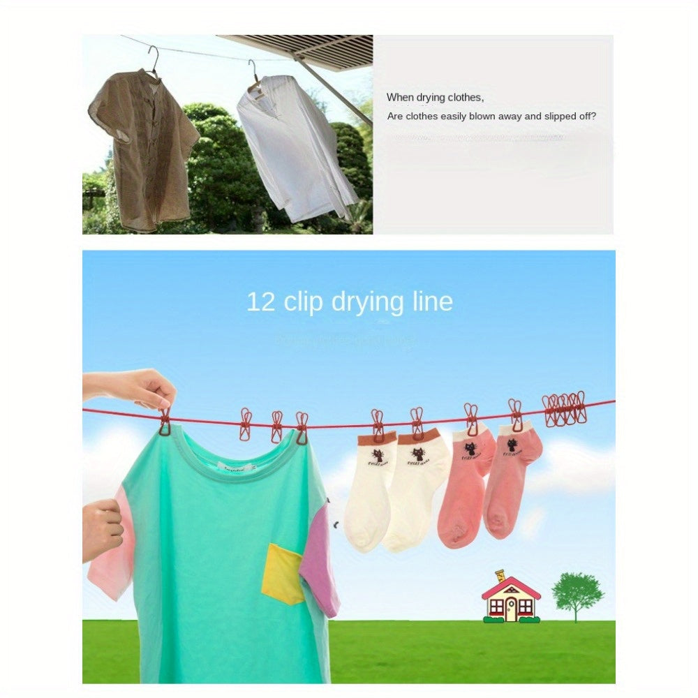 Portable outdoor clothesline, household 12 clothesline clip, beach windproof clothesline, colorful drying elastic rope