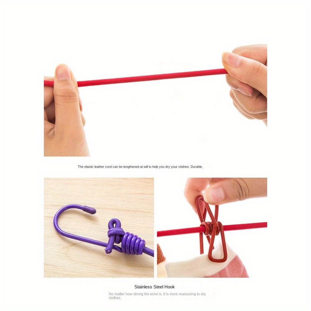 Portable outdoor clothesline, household 12 clothesline clip, beach windproof clothesline, colorful drying elastic rope