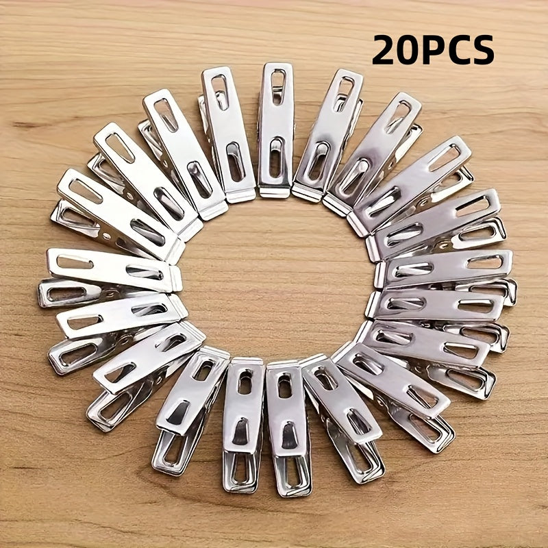 20pcs Stainless Steel Clothes Pegs, Strong Windproof Laundry Clips For Drying Clothes, Household Drying Clips, Multifunctional Metal Clamps