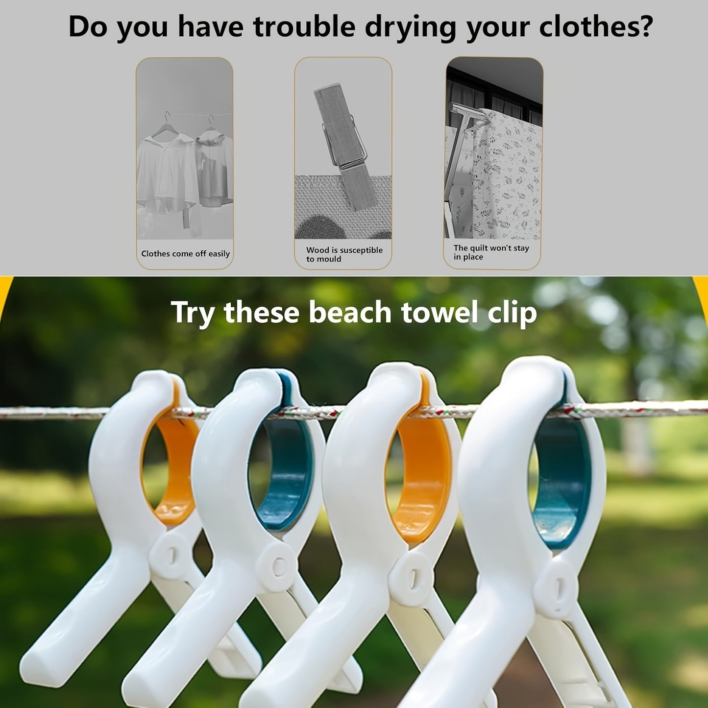 Heavy-Duty Plastic Beach Towel Clips - Windproof Clothespins for Pool & Cruise Chairs, Laundry, and Blankets, Clothes Pins