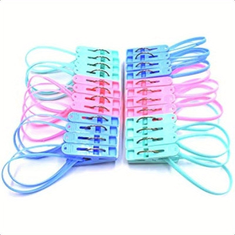 24pcs Windproof Clothespins with Ropes - Heavy-Duty PP Plastic & Metal Clips, 3 Colors (Blue, Pink, Green), 2.1\