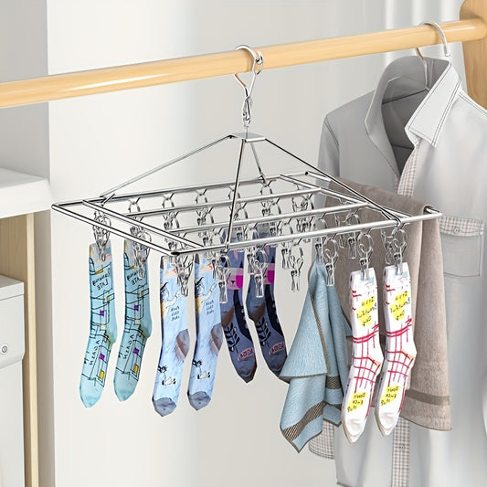 Sock Drying Rack, 1 Set Of 40 Clips, Made Of Stainless Steel Material, Non Rusting, with Windproof Hooks, Balcony Drying Rack, Clothes Rack with Clips, Sock Drying Rack, Multifunctional Drying Rack, Outdoor Drying Rack, Drying Racks